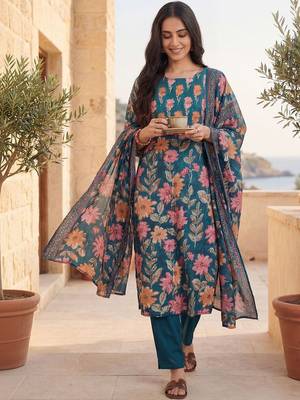 Women Floral Printed Regular Pure Cotton Kurta with Trousers & With Dupatta 1