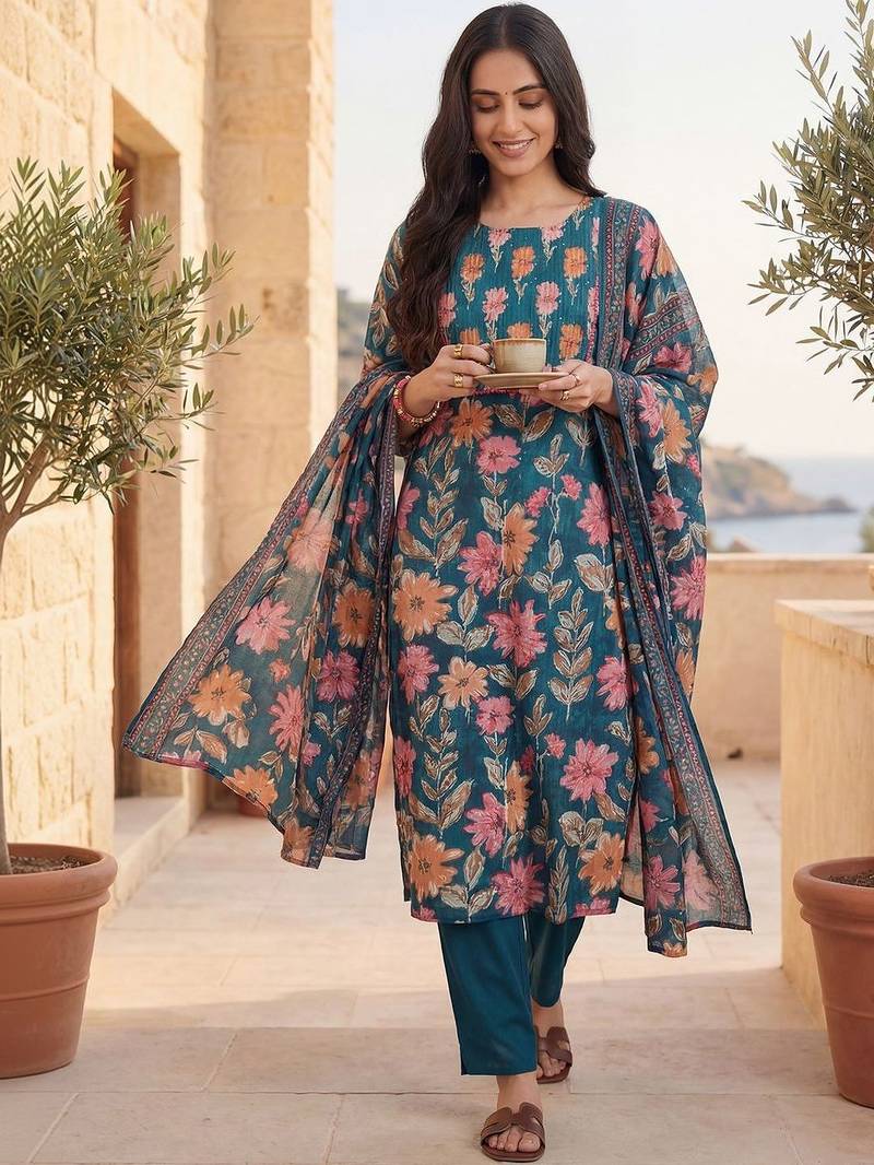 Women Floral Printed Regular Pure Cotton Kurta with Trousers & With Dupatta