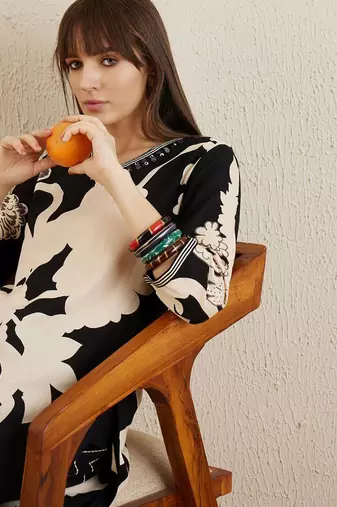 Black Floral Printed V-Neck Sequinned A-Line Kurta With Salwar