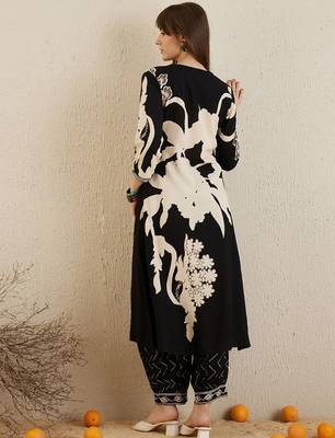 Black Floral Printed V-Neck Sequinned A-Line Kurta With Salwar 4