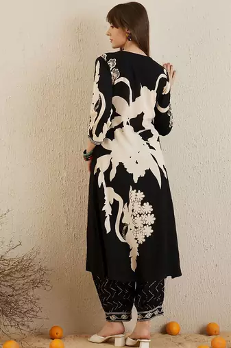 Black Floral Printed V-Neck Sequinned A-Line Kurta With Salwar