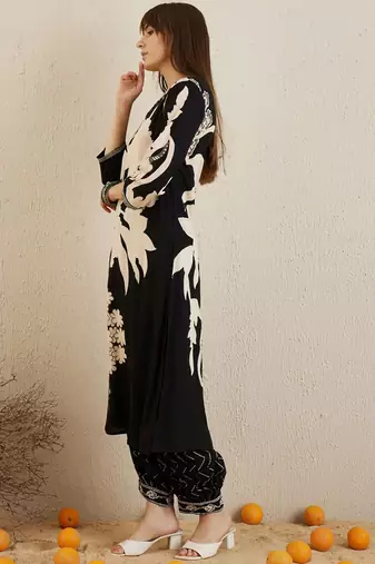Black Floral Printed V-Neck Sequinned A-Line Kurta With Salwar