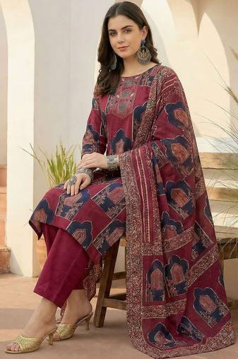 Women Ethnic Motifs Printed Regular Sequinned Pure Cotton Kurta with Trousers & With Dupatta