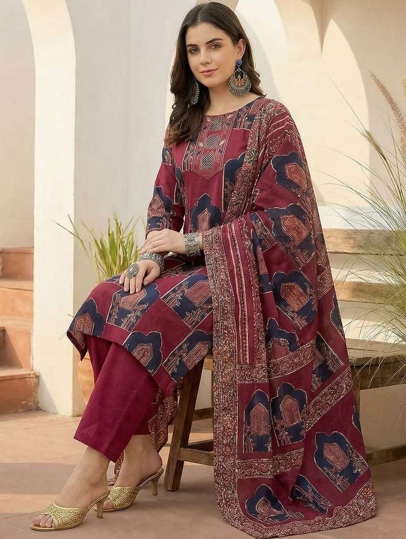 Women Ethnic Motifs Printed Regular Sequinned Pure Cotton Kurta with Trousers & With Dupatta