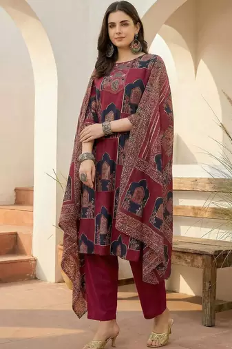 Women Ethnic Motifs Printed Regular Sequinned Pure Cotton Kurta with Trousers & With Dupatta