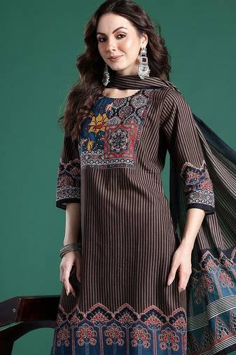 Ethnic Motifs Striped Sequinned Pure Cotton Kurta With Trousers & Dupatta