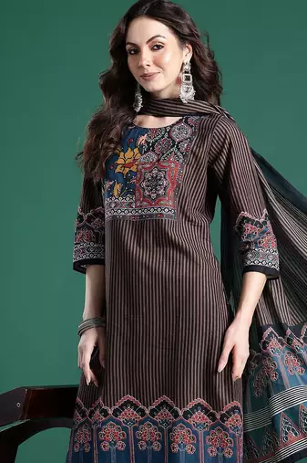 Ethnic Motifs Striped Sequinned Pure Cotton Kurta With Trousers & Dupatta
