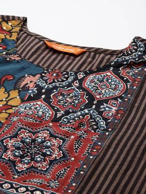 Ethnic Motifs Striped Sequinned Pure Cotton Kurta With Trousers & Dupatta 2
