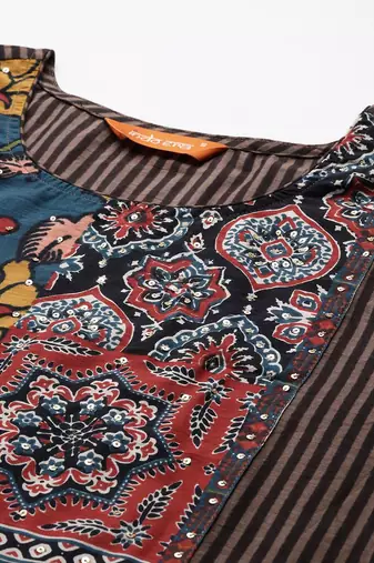 Ethnic Motifs Striped Sequinned Pure Cotton Kurta With Trousers & Dupatta