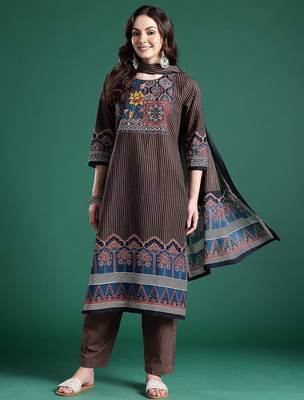 Ethnic Motifs Striped Sequinned Pure Cotton Kurta With Trousers & Dupatta 5