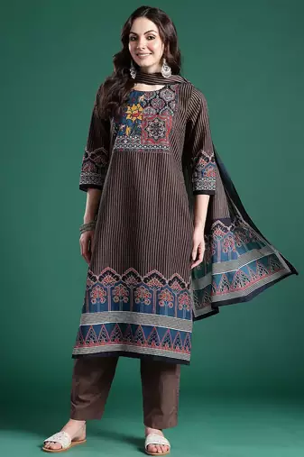 Ethnic Motifs Striped Sequinned Pure Cotton Kurta With Trousers & Dupatta