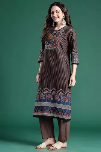 Ethnic Motifs Striped Sequinned Pure Cotton Kurta With Trousers & Dupatta