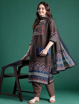Ethnic Motifs Striped Sequinned Pure Cotton Kurta With Trousers & Dupatta 8