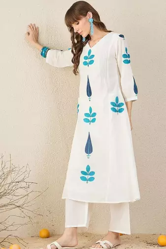 Floral Printed Panelled V-Neck Mirror Work A-Line Pure Cotton Kurta with Palazzos