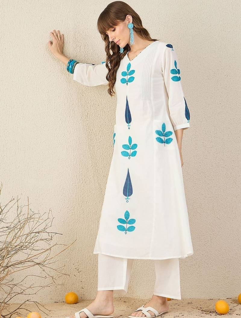 Floral Printed Panelled V-Neck Mirror Work A-Line Pure Cotton Kurta with Palazzos