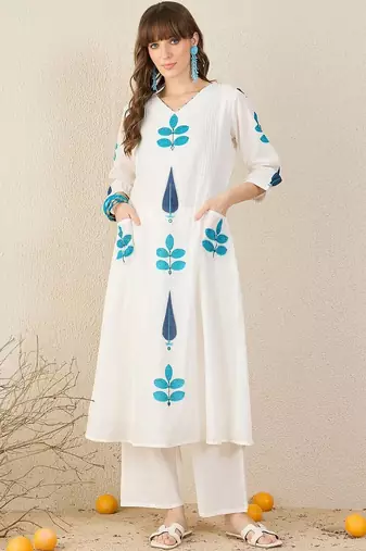 Floral Printed Panelled V-Neck Mirror Work A-Line Pure Cotton Kurta with Palazzos