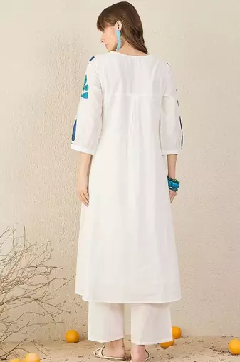Floral Printed Panelled V-Neck Mirror Work A-Line Pure Cotton Kurta with Palazzos