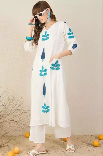 Floral Printed Panelled V-Neck Mirror Work A-Line Pure Cotton Kurta with Palazzos