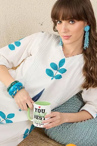 Floral Printed Panelled V-Neck Mirror Work A-Line Pure Cotton Kurta with Palazzos