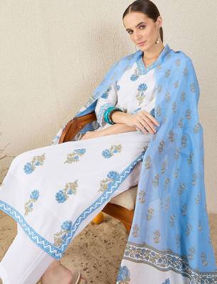 Floral Printed V-Neck Sequinned Pure Cotton Straight Kurta & Trouser With Dupatta 1