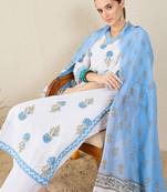 Floral Printed V-Neck Sequinned Pure Cotton Straight Kurta & Trouser With Dupatta