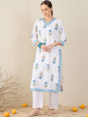 Floral Printed V-Neck Sequinned Pure Cotton Straight Kurta & Trouser With Dupatta 2