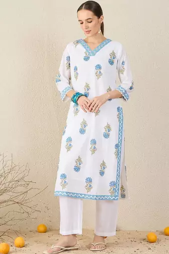 Floral Printed V-Neck Sequinned Pure Cotton Straight Kurta & Trouser With Dupatta