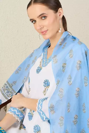 Floral Printed V-Neck Sequinned Pure Cotton Straight Kurta & Trouser With Dupatta