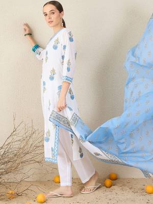 Floral Printed V-Neck Sequinned Pure Cotton Straight Kurta & Trouser With Dupatta 4
