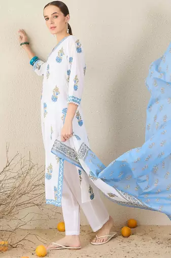 Floral Printed V-Neck Sequinned Pure Cotton Straight Kurta & Trouser With Dupatta