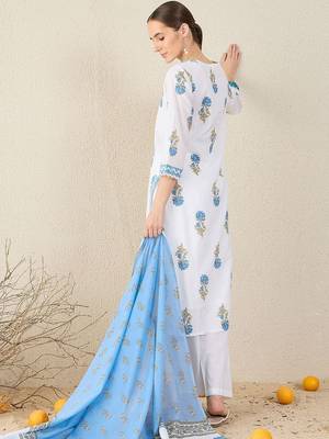 Floral Printed V-Neck Sequinned Pure Cotton Straight Kurta & Trouser With Dupatta 5