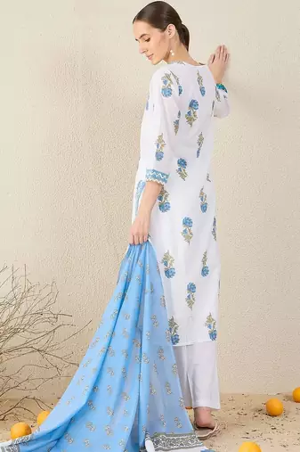 Floral Printed V-Neck Sequinned Pure Cotton Straight Kurta & Trouser With Dupatta
