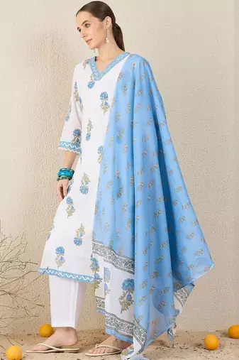 Floral Printed V-Neck Sequinned Pure Cotton Straight Kurta & Trouser With Dupatta
