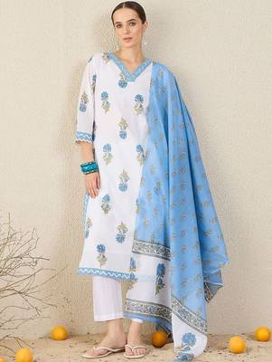Floral Printed V-Neck Sequinned Pure Cotton Straight Kurta & Trouser With Dupatta 7