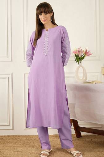 Floral Printed Thread Work Pure Cotton Kurta With Palazzos
