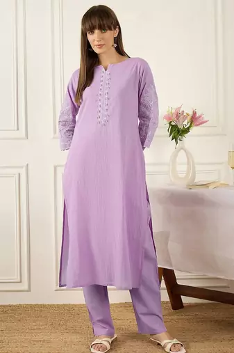 Floral Printed Thread Work Pure Cotton Kurta With Palazzos