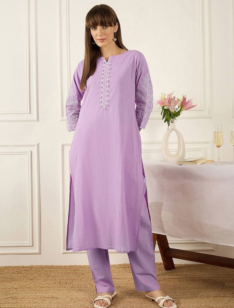 Floral Printed Thread Work Pure Cotton Kurta With Palazzos