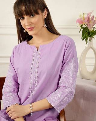 Floral Printed Thread Work Pure Cotton Kurta With Palazzos 2