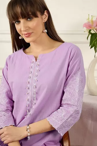 Floral Printed Thread Work Pure Cotton Kurta With Palazzos