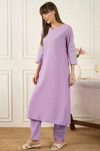 Floral Printed Thread Work Pure Cotton Kurta With Palazzos