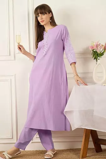 Floral Printed Thread Work Pure Cotton Kurta With Palazzos