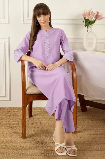 Floral Printed Thread Work Pure Cotton Kurta With Palazzos
