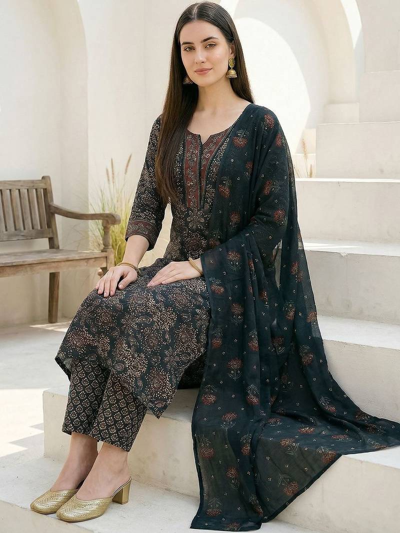 Women Ethnic Motifs Printed Regular Pure Cotton Kurta With Trousers & Dupatta