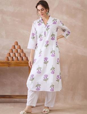 Women Floral Printed Regular Pure Cotton Kurta with Trousers 7