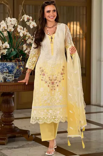 Floral Embroidered Sequinned Straight Organza Kurta With Trousers And Dupatta