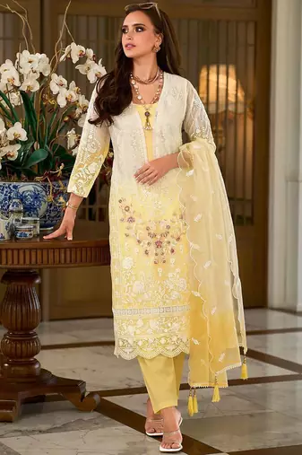 Floral Embroidered Sequinned Straight Organza Kurta With Trousers And Dupatta
