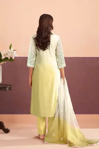Floral Embroidered Sequinned Straight Organza Kurta With Trousers And Dupatta