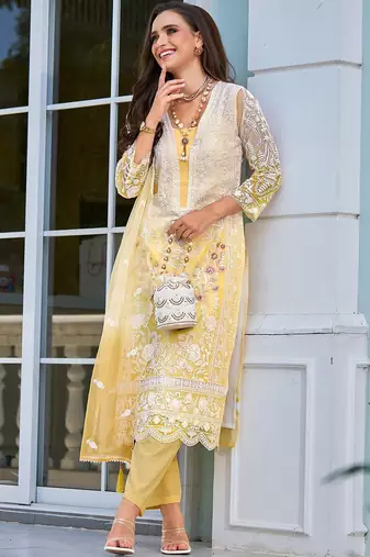 Floral Embroidered Sequinned Straight Organza Kurta With Trousers And Dupatta