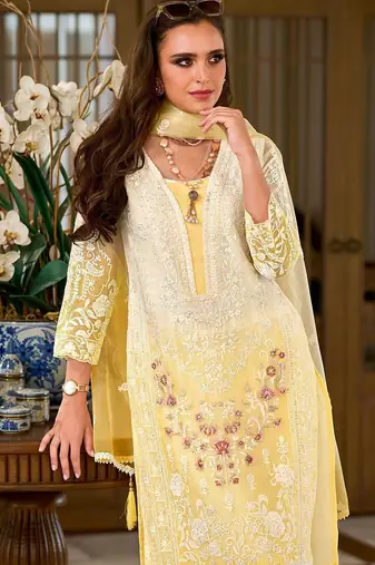 Floral Embroidered Sequinned Straight Organza Kurta With Trousers And Dupatta