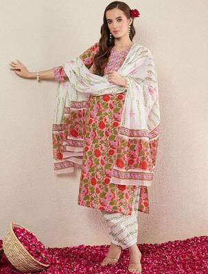 Floral Printed Pure Cotton V-Neck Straight Kurta with Salwar and Dupatta 1